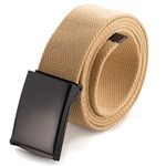 Cut To Fit Canvas Web Belt Size Up to 52" with Flip-Top Solid Black Military Buckle (Khaki)