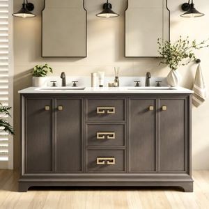 Alphabath 60 Inch Double Sink Bathroom Vanity, Fully Assembled Bathroom Cabinet with Marble Countertop & Backsplash, Soft Closing 4 Doors & 3 Drawers, Dark Walnut