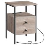 HOOBRO End Table with Charging Station, Bedside Table with 2 Drawer & USB Ports & Power Outlets, Nightstand for Small Spaces, Stable and Sturdy, for Living Room, Bedroom, Greige and Black BG43UBZ01