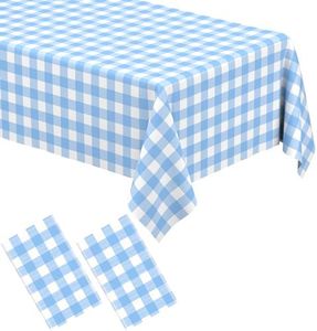 2 Pack Light Blue Gingham Tablecloth Rectangular Pale Blue and White Checkered Tablecloths Disposable Plastic Plaid Table Cover for Parties, Outdoor Picnic, Birthday, Wedding, Camping 54 × 108 Inch