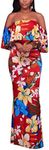 Suimiki Vintage Ruffle Plain Floral Printed Off Shoulder Bodycon Long Party Maxi Dress Orange Red Style-2 2X-Large