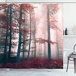 ABAKUHAUS Forest Shower Curtain, Autumn Season Mystic Foggy Fall Nature and Enchanted Woods Wild Trees Print, Cloth Fabric Bathroom Decor Set with Hooks, 94 Inches, Red Grey and Brown