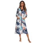 Verve Jelly Women Long House Coat Zipper Front Robes Full Length Nightgowns with Pockets Floral Print Loungewear Grey S