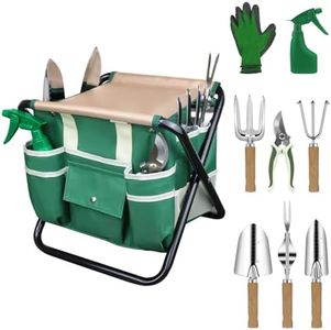 LeMotech Garden Tool Set,10 Pieces Heavy Duty Gardenting Tool Kit, Folding Stool with Detachable Tote Bag, Thicker Stainless Steel Tools (Trans-Planter,Trowel,Weeder etc.) for Women Men