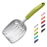 WePet Cat Litter Scoop, Aluminum Alloy Sifter, Kitty Metal Scooper, Deep Shovel, Long Handle, Poop Sifting, Kitten Pooper Lifter, Heavy Duty, for Litter Box, Irregularly Aluminum with Green Handle