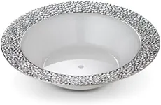 [8 Count - 12 Oz Bowls] Laura Stein Designer Tableware Premium Heavyweight Plastic White Soup Bowl with Silver Designed Border, Party & Wedding Plate Glitz Series Disposable Dishes