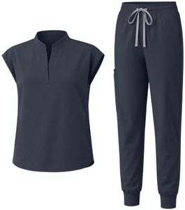 Eadflie Scrubs for Women Set - with Sleeveless Stand-Up Collar Scrub Top & Jogger Scrub Pants, Cool Stretch, Comfortable & Breathable Nurse Uniform, 8-Pocket Design - [Charcoal Gray/XL]