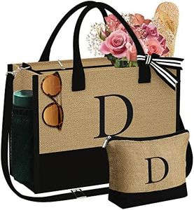 YOOLIFE Initial Jute Tote Bag & Makeup Bag Beach Tote Bag with Zipper Pockets Adjustable Strap Birthday Gifts for Women Her, Yellow, Large