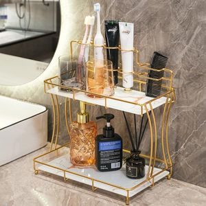 Luxury Gold-Tone Countertop Bathroom Storage Organizer with Marble-Look Shelves - Elegant Space-Saving Design for Cosmetics and Other Accessories (White)