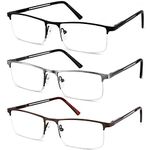 JJWELL 3 Pack Blue Light Reading Glasses for Men, Lightweight Metal Rectangle Semi Rimless Readers for Men, Anti Eyestrain/Computer Glare/UV, Half Frame Spring Hinge Eyeglasses with Pouches