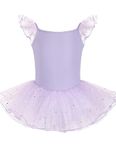 HIPPOSEUS Girls Ruffle Sleeve Ballet TUTU Leotards Dance Dresses Sequins Purple Leotard Outfit for Ballerina,Y-04WDM, 4-5T