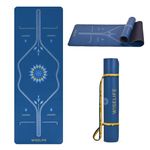 WiseLife PU Alignment Rubber Professional Yoga Mat + Carry Strap - (5mm Extra Thick Extra Long Extra Wide Exercise floor mat for Gym, Workout, Fitness, Yoga and Pilates) PURE PU Leather & Natural Rubber(Blue)