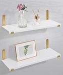 Afuly Floating Shelves White Gold Wall Shelf Wooden with Metal Bracket for Bedroom, Living Room, Bathroom, Kitchen Storage or Display Shelves, Set of 2