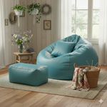 GIGLICK Luxury 5XL Jumbo Bean Bag with Footrest & Cushion | Premium Leatherette | High-Density Beans Filled | Heavy Duty Double Stitch | 6 Months Warranty Color- (Navy Blue) (Aqua)