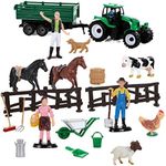 Farm Animal Toys Tractor with 20pcs Plastic Farm Animals Figurines and Fence Farm Playset Farm Figures Farmer Vehicle Toy Truck with Trailer for 3-12 Years Old Kids Boys Girls Toddlers