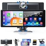 Portable Wireless Carplay& Android Auto Car Screen,10.26 Inch IPS Touchscreen with 4K Dashcam and HD Back-up Camera Support Bluetooth/Siri/Google/GPS/Mirror-Link, Double Din with 64G TF Card Included