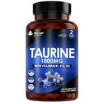 Taurine Supplement - High Strength 1800mg Taurine Capsules Enriched with Vitamins B1, B12 & Vitamin D3-120 Taurine Capsules - Vegetarian Taurine Capsules Made in The UK by New Leaf