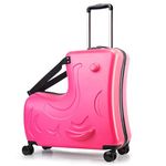 AOWEILA Hardside Ride on Kids Luggage with 4 Spinner Wheels for Girls and Boys, Rolling Childrens Travel Suitcase with Seat and Safety Belt for Toddler Ages 2-12, Fuchsia Red, 20-Inch Carry-On for