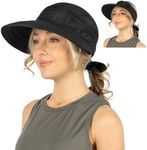 SUN CUBE Women Sun Hat for Outdoor UV Protection, Wide Brim Sun Hat Ponytail, Convertible Zip-Off Beach Hat Visor for Golf Gardening Pool Travel, Foldable Summer UPF50+ Visor Hat, Black