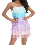 Acrawnni Women Sequin Glitter Layered Mini Dress Sleeveless Spaghetti Strap Sparkle Cake Dress A Line Flowy Mini Beach Dress Party Dress (A-Colorful 2, M)