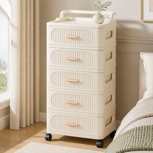 Rolling Storage Cart with 5 Drawers, Plastic Cabinet with Wheels, Raised-Edge Top and Push Handle, Mobile Organizer for Bedroom, Bathroom, Craft Room, Cream, 17.7 x 11.8 x 38.2 in