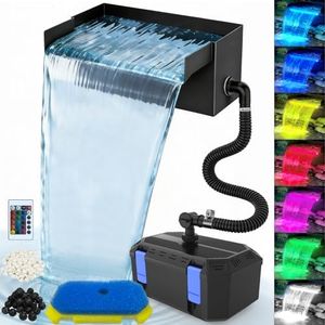 FUMAK All-in-1 Pond Waterfall Kit | 40W 850GPH Pond Filter Pump with 12" Stainless Steel Spillway | Remote Control LED Lights | 4-Stage Filtration System for Backyard Garden & Outdoor Water Feature