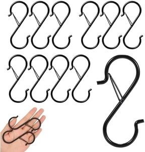 12 PCS S Hooks for Hanging with Safety Buckle, Heavy Duty Metal S Shaped Hooks for Kitchen Utensil, Cups, Pots, Plants, Bags, Hats (Black)