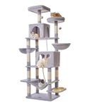 Taoqimiao 76-Inch Cat Tree Cat Tower for Indoor Cats, Plush Multi-Level Cat Condo with 12 Scratching Posts, 2 Perches, 2 Caves, Hammock, 2 Pompoms MS016W Light Gray