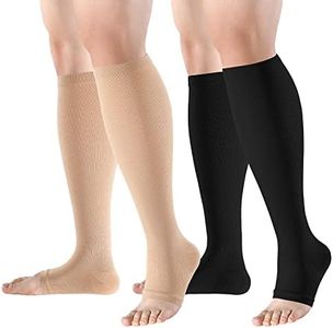 Bropite Open Toe Compression Socks for Men & Women - 2 Pairs of 15-20 mmhg toeless Circulation Medical Compression Socks, Black/Beige, Large-X-Large