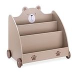 Navaris Kids Bookcase - Childrens Bookshelf with Wheels and 3 Book Storage Shelves - Childs Bookshelves for Bedroom or Play Room - Brown Bear Design