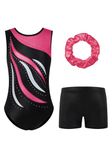 ESHOO Striped Gymnastics Leotards for Girls Sparkle Ballet Dance Gymnastics Athletic Leotards with Shorts & Hairband(Sleeveless Hot Pink,5-6Y)