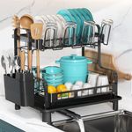 Dish Drying Rack and Drainboard Set, Romision 2 Tier Large Stainless Steel Sink Organizer Dish Racks with Cups Holder, Utensil Holder, Dish Strainer Shelf for Kitchen Counter, Black