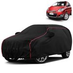 VOICO Water-Resistant Dustproof Car Cover for Chevrolet Spark - Mirror Pocket, UV Protection, Scratch Guard, Buckle Belt, Front & Back Bottom Elastic with Red Piping - Black