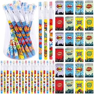 Kolewo4ever 48 Pieces Hero Text Theme Set:24 Pcs Translucent Pencil Multipoint Non- Sharpening Stackable Pencils 24 Pcs Mini Spiral Notepad Memo Pad Pocket Notebooks