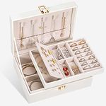 Voova Jewellery Box Organiser for Women Girls, 2 Layers Large Jewelry Storage Case, PU Leather jewlerrying Display Holder with Removable Tray for Necklace Earrings Rings Bracelets, White