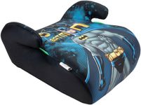 Dc Comics Batman Car Booster Seat i-Size ECE R129. Booster for Child Safety with a Height from 125 to 150 cm. Seat with Batman Superhero Graphics, Blue Background.