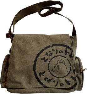 Anime My Neighbor Totoro Shoulder Bag Canvas Casual Messenger Bag Crossbody Square for Students, Military green