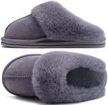 KuaiLu Womens Slippers, Fluff Dual Memory Foam Slippers Ladies Cozy Arch Support Warm Scuff Slippers Slip on Comfy Winter House Shoes with Non-Slip Indoor Outdoor Hard Sole Dark Grey 8