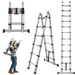 Aluminum Telescopic Extension Ladder A-Frame Ladder 2-in-1, Portable Collapsible Ladder with Stabilizer Bar,6+6 Steps Adjustable Height, 12.5FT in Straight Line & 6.25FT in A-Frame, 330lbs Max Load