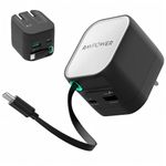 RAVPower 65W GaN PD Fast Charger with Retractable Type-C Cable | 3-Port Wall Adapter (2 USB-C + 1 USB-A) | Foldable Pin Travel Charger for iPhone, Samsung, iPad, MacBook,Type C Laptop