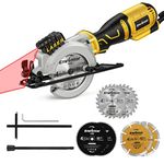 Mini Circular Saw, ENVENTOR 5.8A Compact Circular Saw with Laser Guide, Mini Saw 6 Saw Blades, Max Cutting Depth 1-11/16"(90°),1-1/8"(45°), Ideal for Soft Metal, Wood, Tile, Drywall, and Plastic Cuts