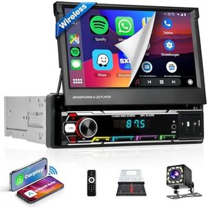 [Upgrade Wireless] Apple Carplay Single Din Radio with Wireless Android Auto, Podofo 7" Manual Foldable Touchscreen Car Stereo with BT5.1 Mirror Link, AM/FM Radio, 2 USB/TF/AUX Port+Backup Camera