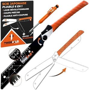 THORVALD Scie Japonaise Menuisier Kataba Pliable - Lame 23cm Avec Règle 15 cm Compas et Equerres + Crayon Chantier + Protection - Idéale Bois Brut, Contrecollé, PVC. Souple et Résistante