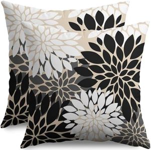 Smozenith Black White Grey Gray Pillow Covers 18X18 Inch Set of 2, Modern Geometry Dahlia Floral Print Decorative Throw Pillow Covers Outdoor Farmhouse Cushion Case for Home Couch Sofa Bed Decoration