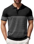 COOFANDY Men's Knit Polo Shirts Short Sleeve Striped Golf Polo Shirts Lightweight Casual Collared T Shirt, Black (White Stripes), X-Large