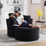 Chair and A Half with Ottoman, 360° Swivel Chair Modern Circle Round Love Seat Sofa Couch Set Big Comfy Accent Barrel Chairs Living Room Bedroom Lounge Reading Corner Furniture with 4 Pillows (Black)