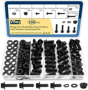 Vifmy M8-1.25 Bolt x (Length 16/20/25/30mm) Flange Head Bolts Assortment Kit (160 Piece) with 8mm Bolt, Serrated Flange Nuts, Washers, Alloy Steel Black Oxide Finish Plated, Full Thread