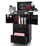 ASCASE Rolling Lockable Makeup Train Case Hairdressing Trolley Stylist Beauty Salon Cosmetic Luggage Travel Organizer Tool Box with Hair Dryer Holder, Black, 1 Count (Pack of 1)