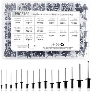 Proster 600Pcs Black Aluminum Blind Rivets Assortment Kit - 15 Sizes (3/32" - 1/4") with Portable Storage Case for Auto, Metalworking, DIY & Professional Use
