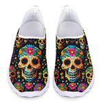 Kuiaobaty Mexican Sugar Skulls Womens Lightweight Running Shoes, Pixel Skull Floral Casual Slip on Trainers Comfortable Flat Work Shoes